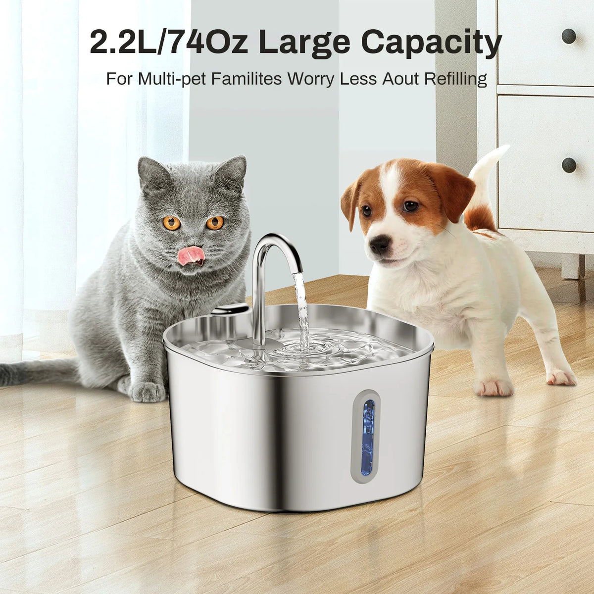 Stainless Steel Cat Water Fountain Automatic Pet Drinking Dispenser 2.2L