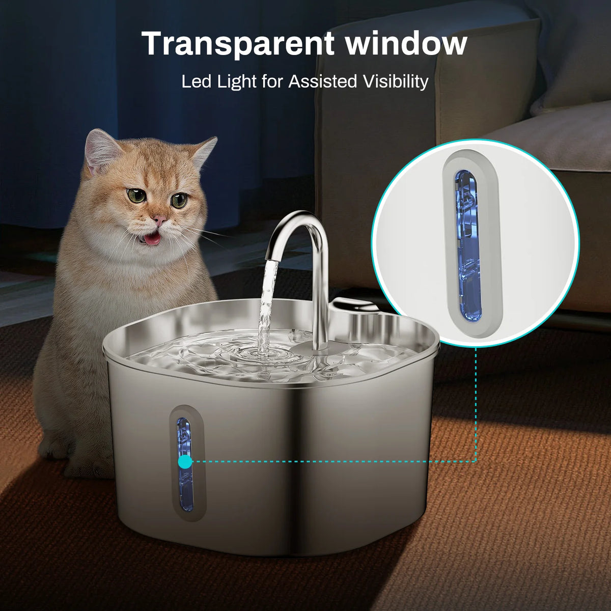 Stainless Steel Cat Water Fountain Automatic Pet Drinking Dispenser 2.2L